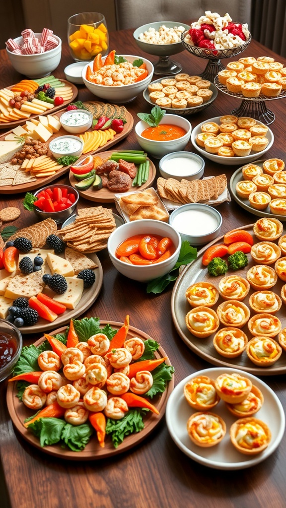 A festive table set with various appetizers for a large crowd including cheese, veggies, shrimp, meatballs, and quiches.